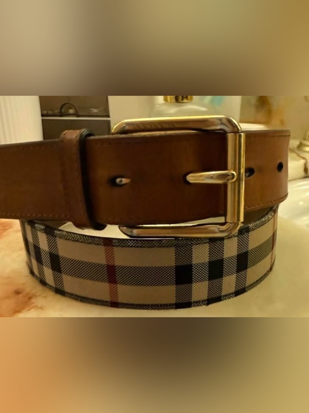 Burberry Men’s Brown Leather & Beige Plaid Reversible Belt with Gold Buckle